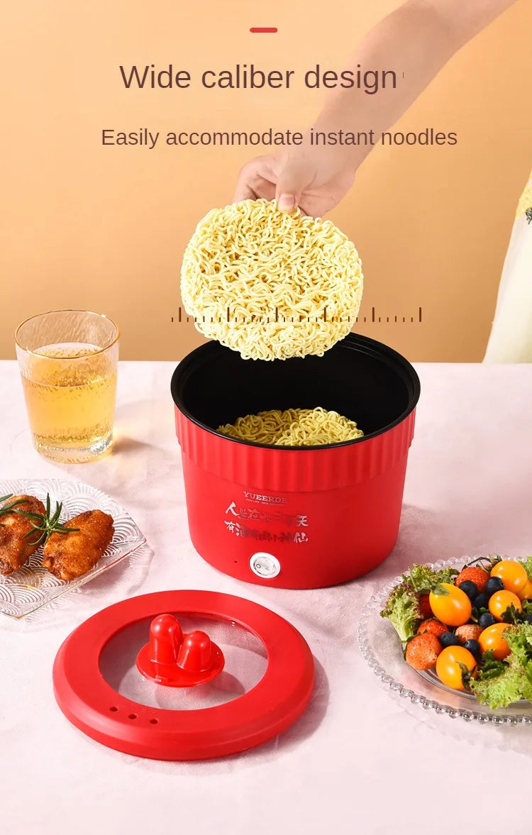 Red wide-caliber mini electric hot pot with instant noodles and snap-on lid