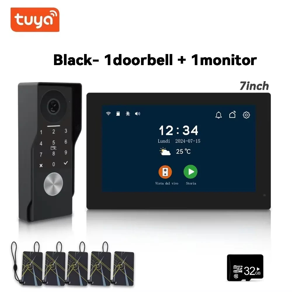 Black wired smart video doorbell with 7-inch monitor, keypad doorbell and touchscreen display