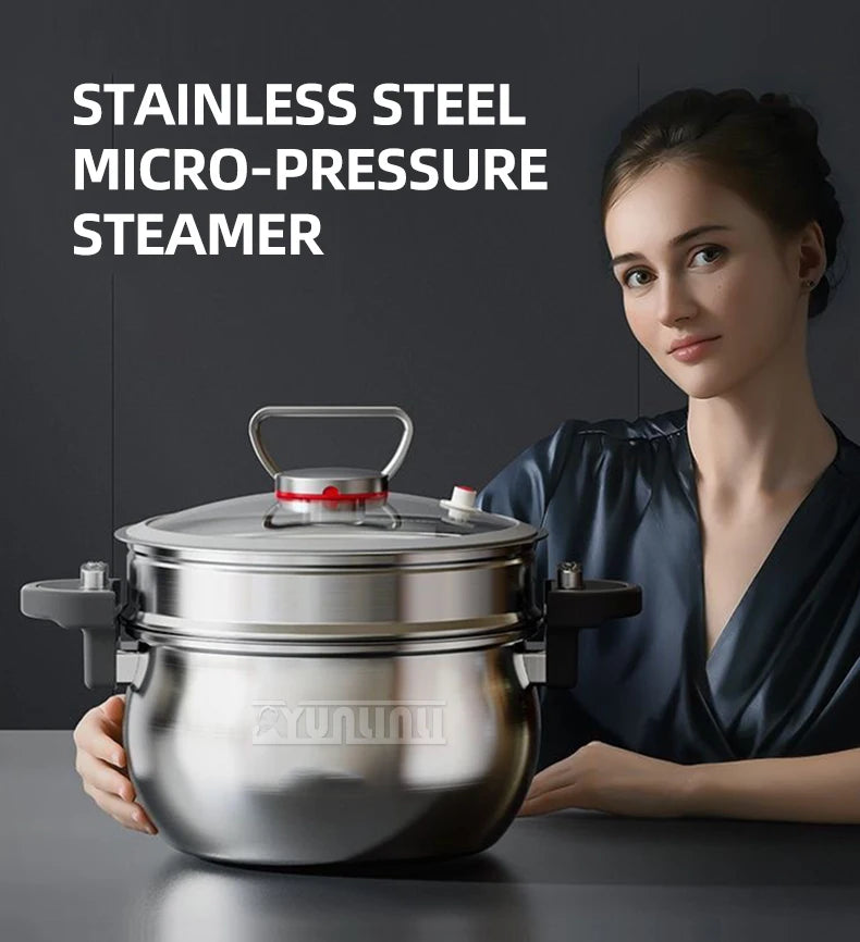 Stainless steel micro-pressure steamer held with lid and side handles