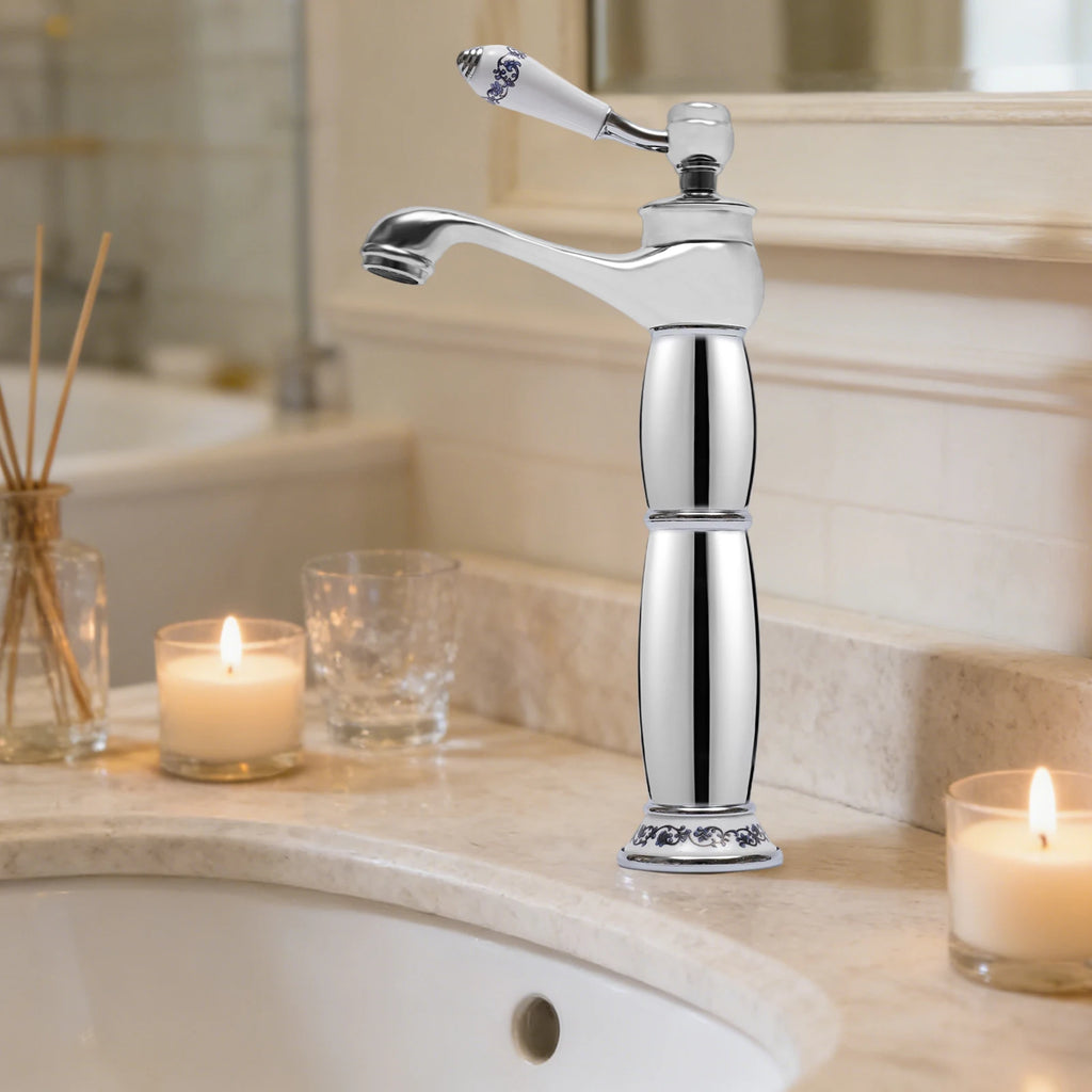 Solid Brass Silver Single-Handle Bathroom Faucet, Chrome-Plated Modern Deck Mount Basin Tap, 0.5-0.7MPa High-Pressure Cold/Hot Water Mixer