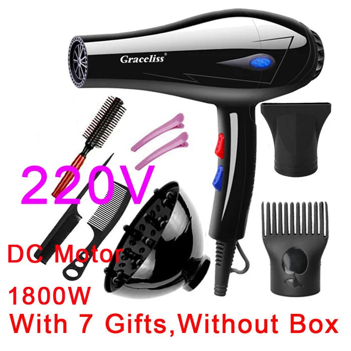 Professional 1800W black hair dryer set with attachments, diffuser, comb, and clips for salon and home styling.