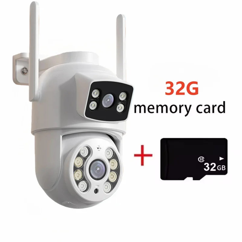 White dual-lens PTZ WiFi security camera bundle with 32GB microSD card