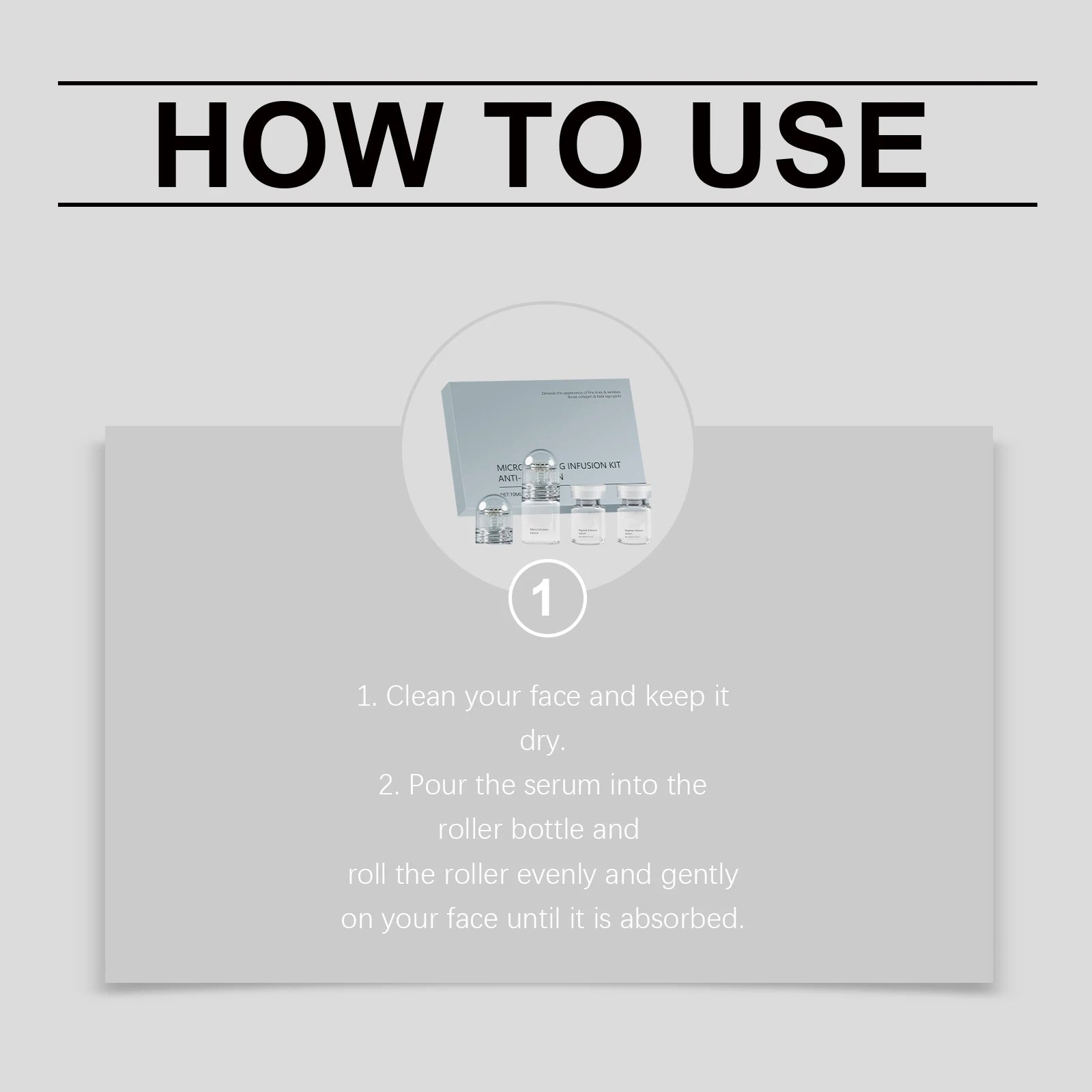 Instructional graphic showing a box and three clear glass serum vials for a Hyaluronic Acid anti-wrinkle kit.