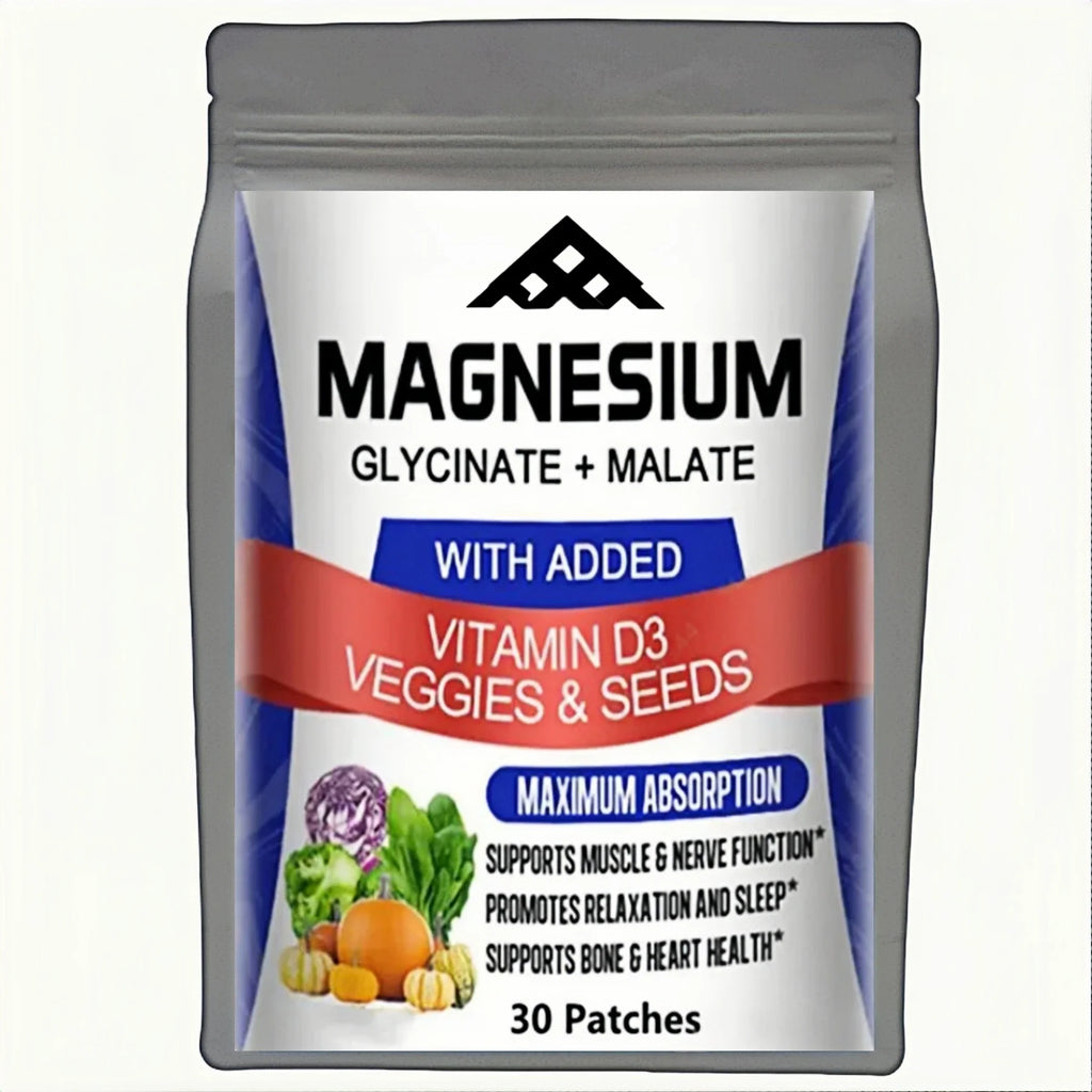 Magnesium Glycinate & Malate Complex with Vitamin D3 - Max Absorption Patches for Bone, Heart, Sleep, Nerves - 30 Patches