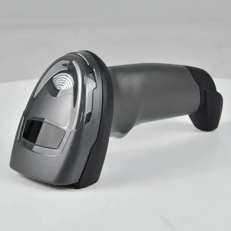 2D wired handheld barcode scanner, black and gray body with scan window and trigger
