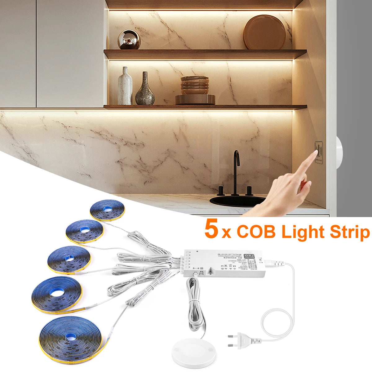 COB LED strip light kit with several blue LED reels, controller, and power cable