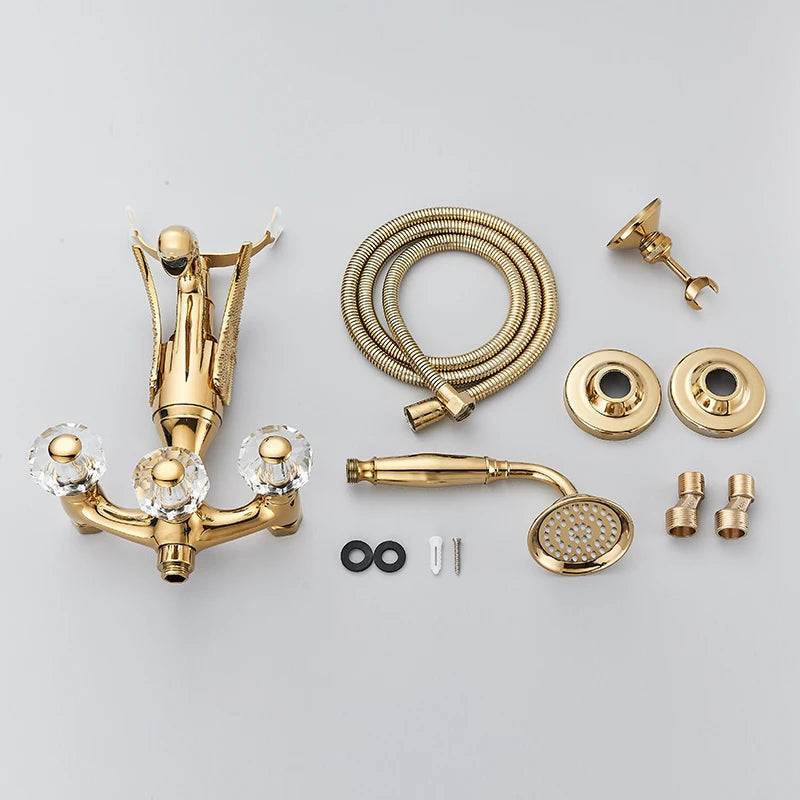 Golden Swan Bathtub Shower Faucet Wall Mounted Hot Cold Water Bath Tub Faucet Rotate Spout Dual Handles