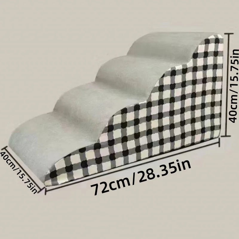 Anti-slip 3-step pet stairs in grey plaid. Stable memory foam dog ladder for easy sofa or bed access. Washable and sturdy.