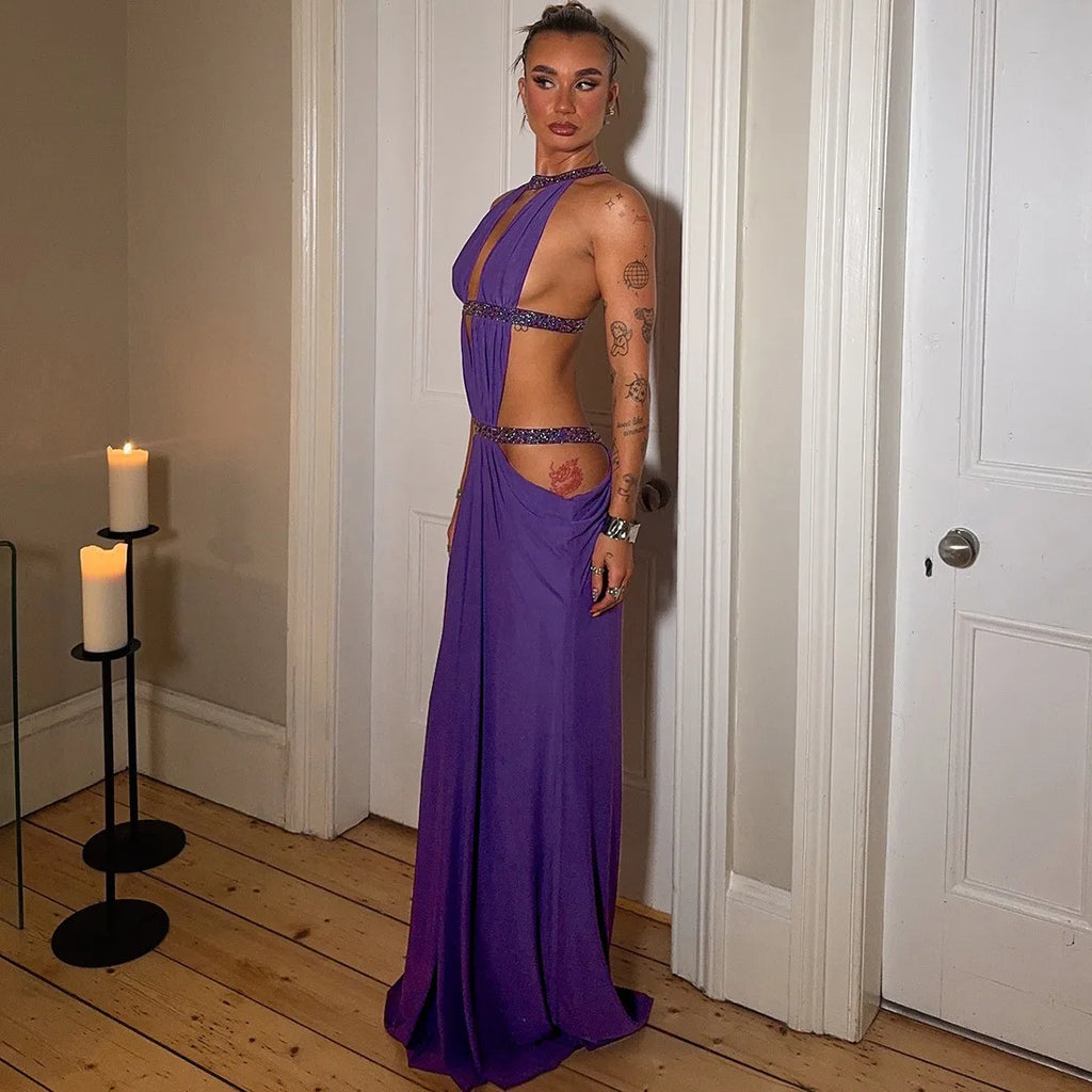 Sexy Women's Maxi Dress Halter Hollow Out Backless Sleeveless Ruched Evening Long Dresses Party Chic Robe Green Purple Summer