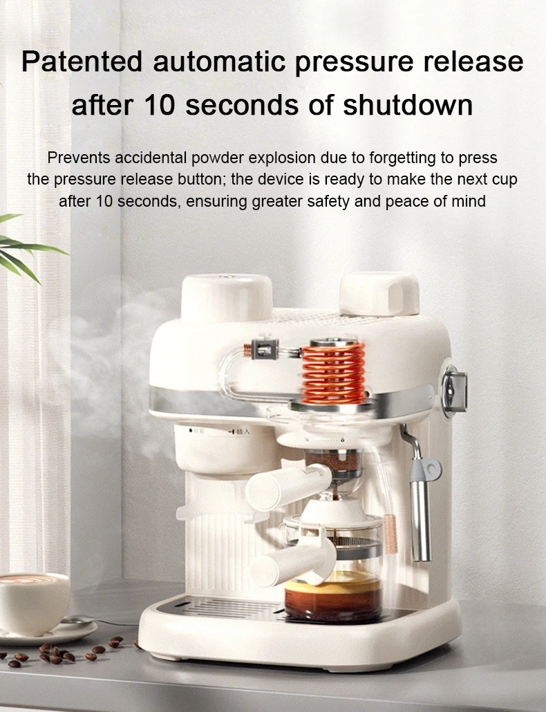 Cream-colored espresso machine with visible internal heating coil and glass carafe, featuring auto-pressure release.