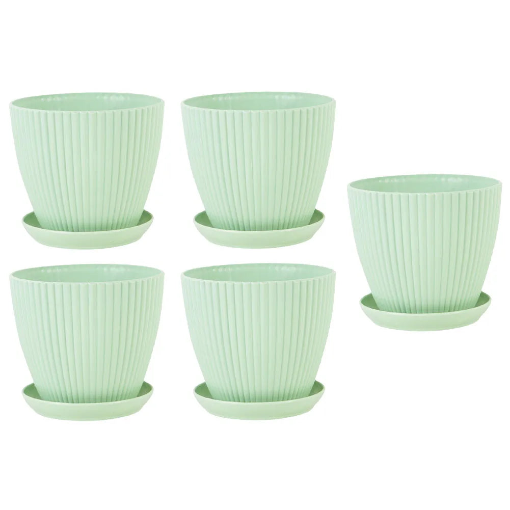 5 Pcs Modern Resin Planters 6 Inch Drainage Hole Flower Pots With Saucers Vertical Stripe Design For Houseplant Garden