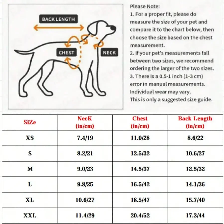 Size chart for elastic, breathable bow tie print dog and cat clothing to ensure a comfortable fit for your pet.
