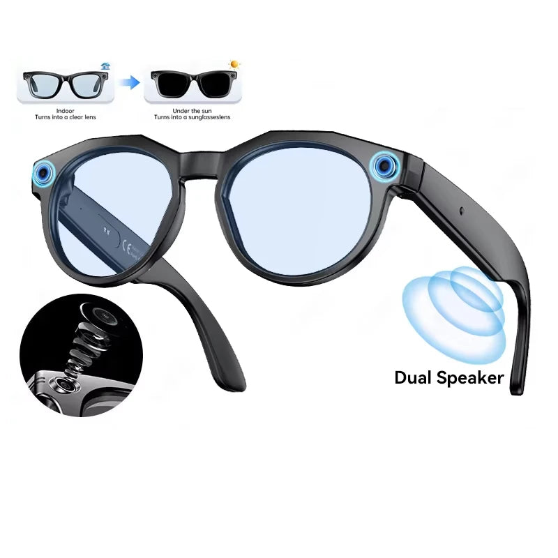 Smart glasses with black frames, photochromic lenses that darken in sunlight, integrated camera, and dual speakers.