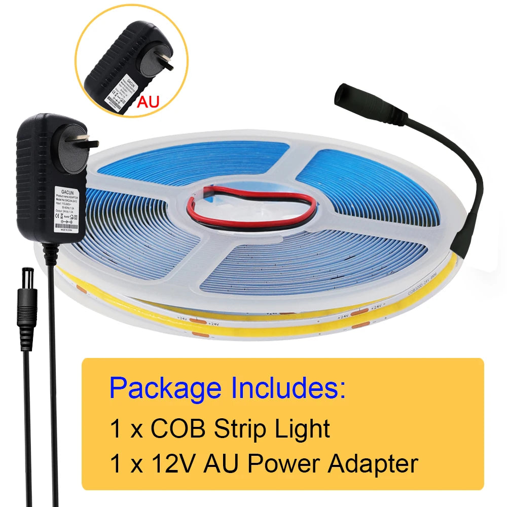 COB LED strip light kit with 12V AU power adapter and inline cable