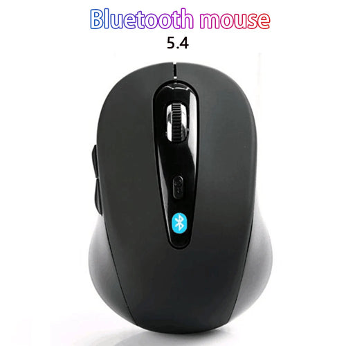 Black wireless Bluetooth 5.4 mouse with a glossy center panel, scroll wheel, and side buttons.