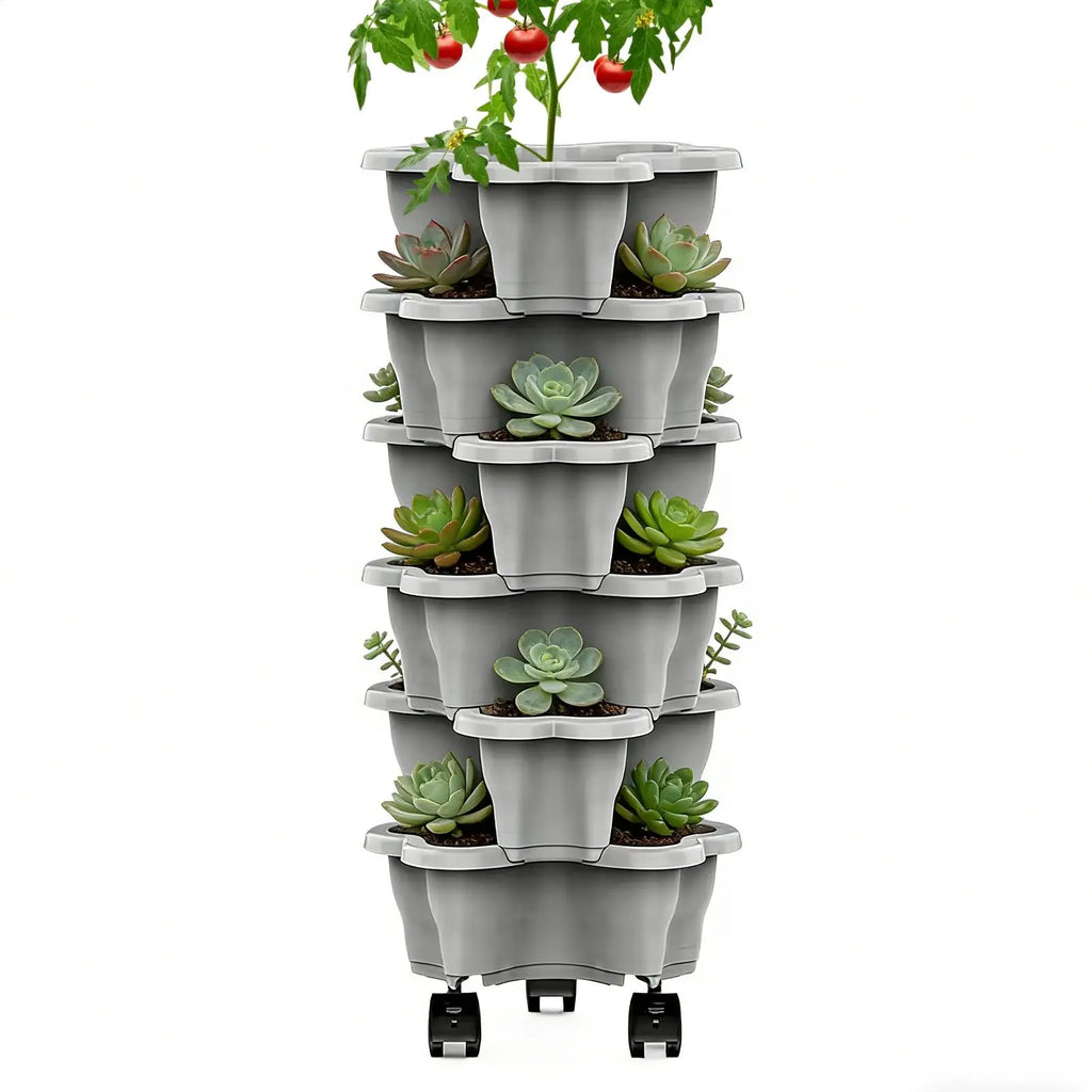 Stackable Vertical Planter 4/5/6-Tier with Wheels Weatherproof Plastic Flower Pot Garden Towers for Vegetable Strawberry Planter