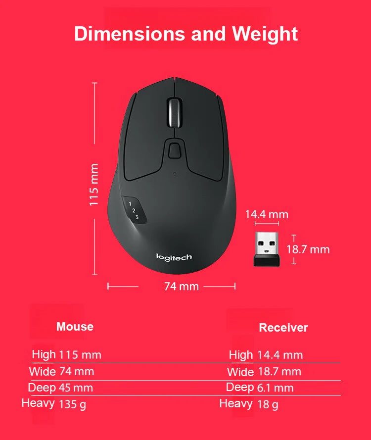 Logitech M720 Wireless Bluetooth Mouse - Office Mouse - Bluetooth Dual-mode Wireless Mouse
