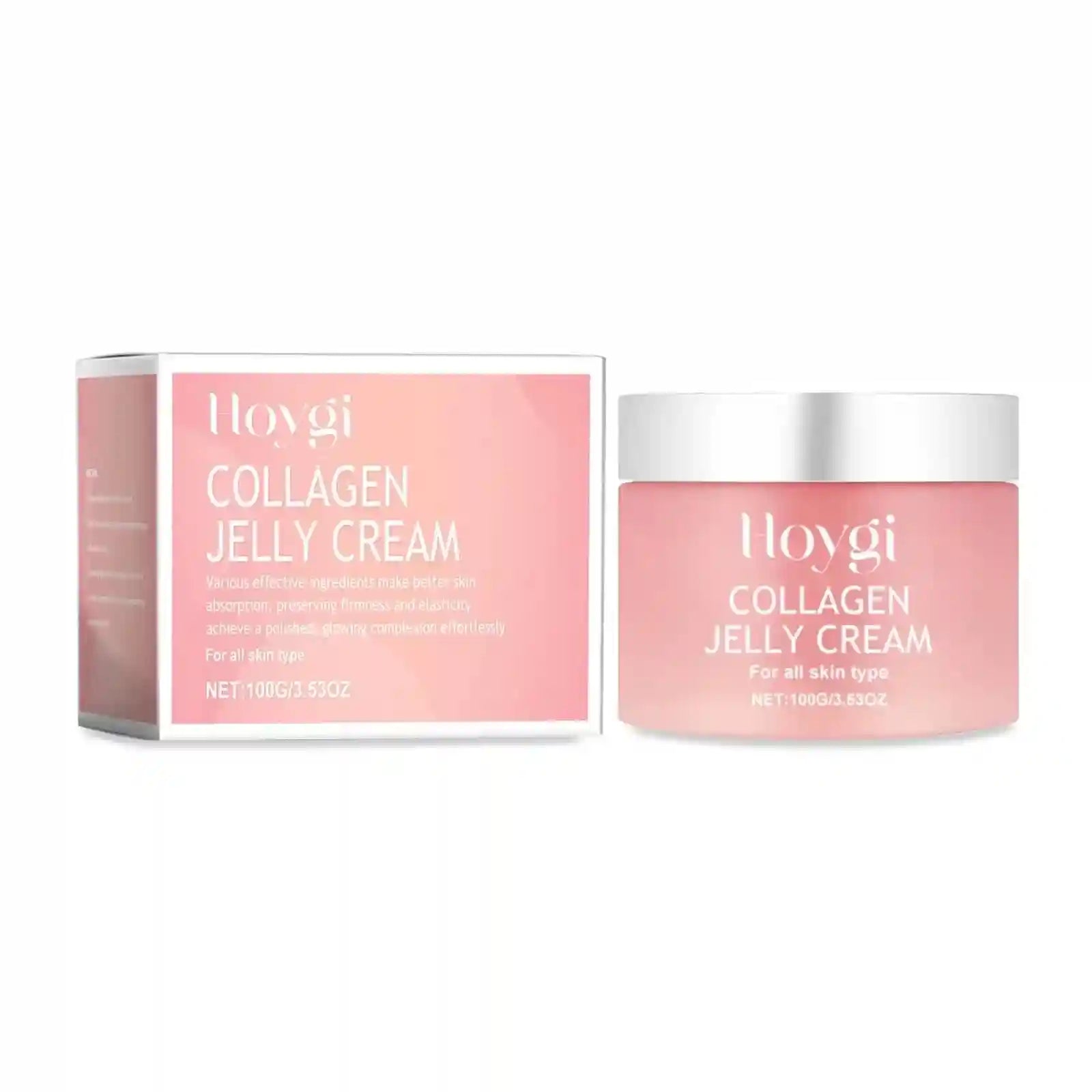 Hoygi Collagen Jelly Cream in a light pink jar and rectangular box with white text and silver lids.