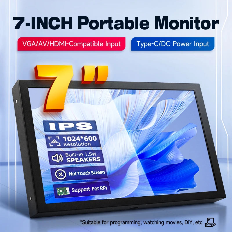 7 Inch IPS Screen Portable Monitor 1024x600 HDMI-compatible VGA AV Input DC Type C Power LCD for PC Laptop Camera TV Box RPi