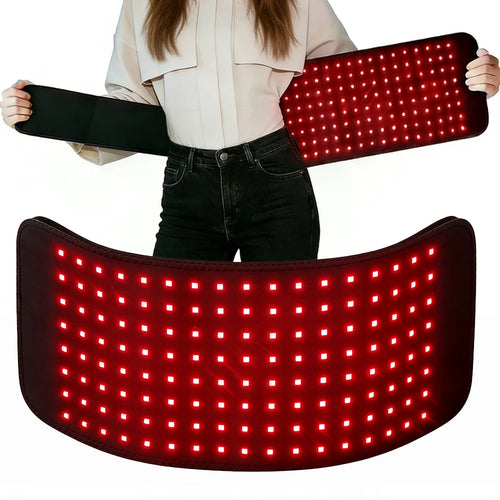 Flexible red light therapy LED belt for pain relief and wellness with rectangular wrap-around design.