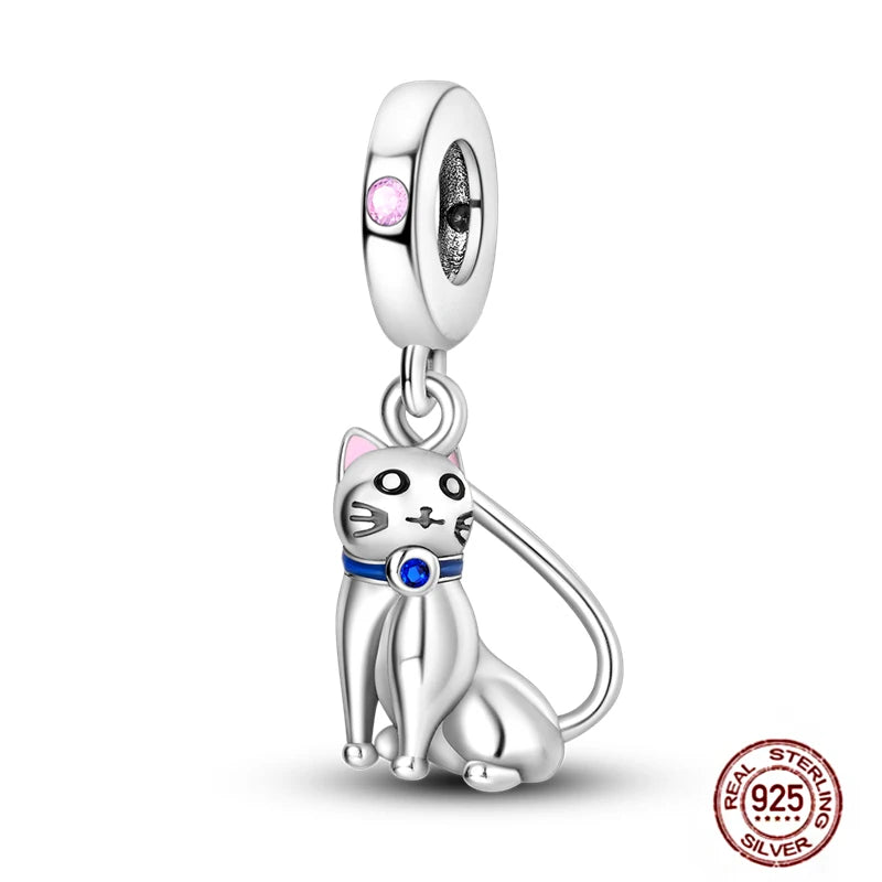 Cute 925 sterling silver cat pendant charm with pink and blue stones for DIY bracelets. Perfect pet lover gift.