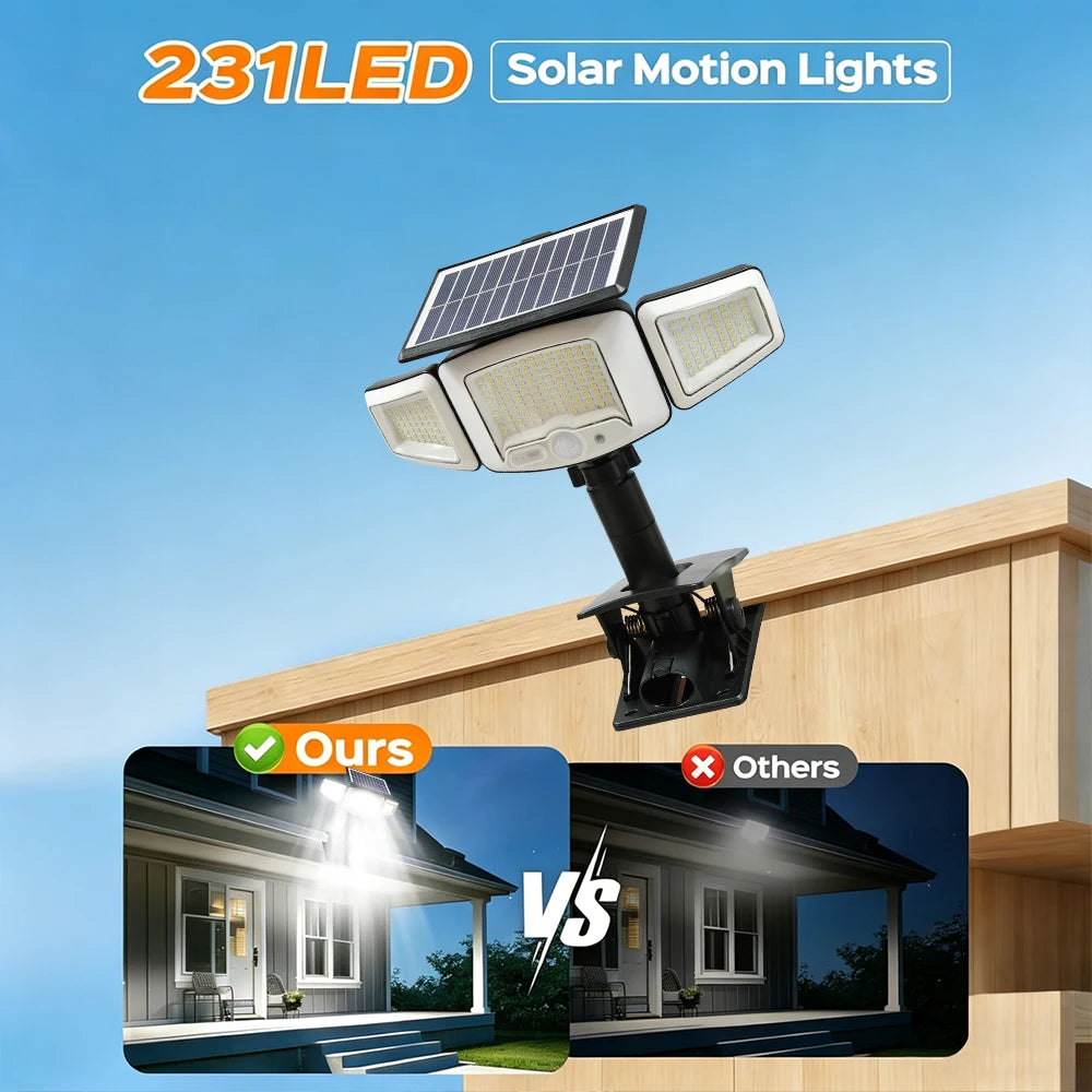 Solar Lights Outdoor 3 Heads Motion Sensor 231LED Security Flood Lights Waterproof with 3 Modes Wall Lamp for Garden Patio Yard