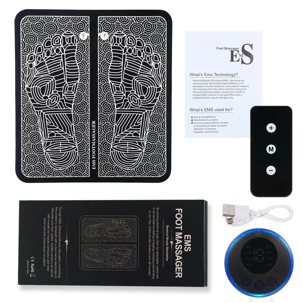 Black EMS electric foot massager mat with remote control, charging cable, and display unit for sore feet relief.