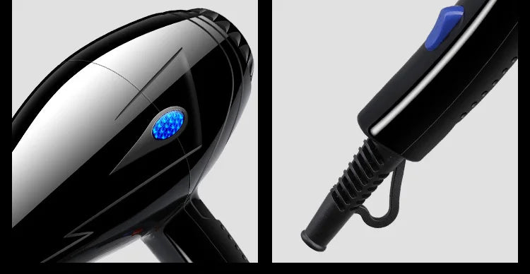 Glossy black professional hair dryer with blue LED indicator, ergonomic handle, and hanging loop for salon or home use.