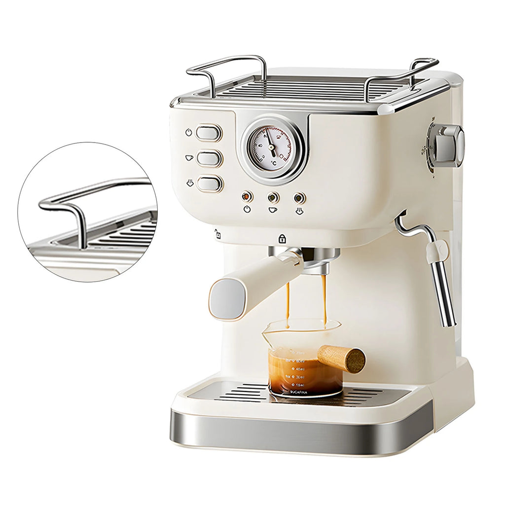 Cream vintage-style espresso machine with pressure gauge, stainless steel accents, and portafilter pulling a shot.