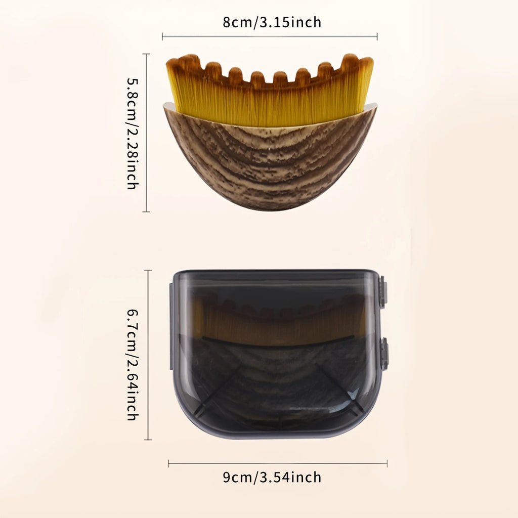 Lymphatic face massager with wooden handle and notched yellow bristles, shown with dimensions and a protective case.