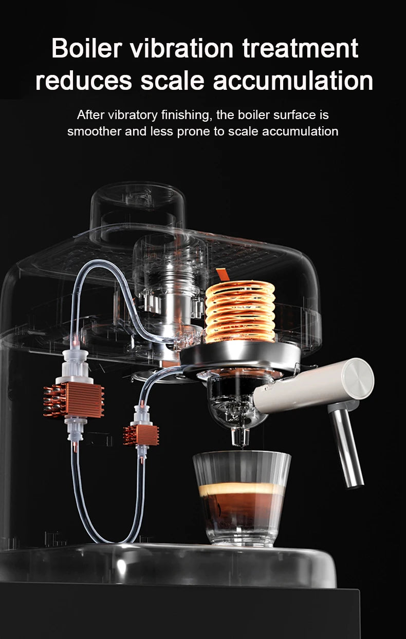 Cutaway view of espresso machine boiler with copper heating element and anti-scale vibratory treatment.