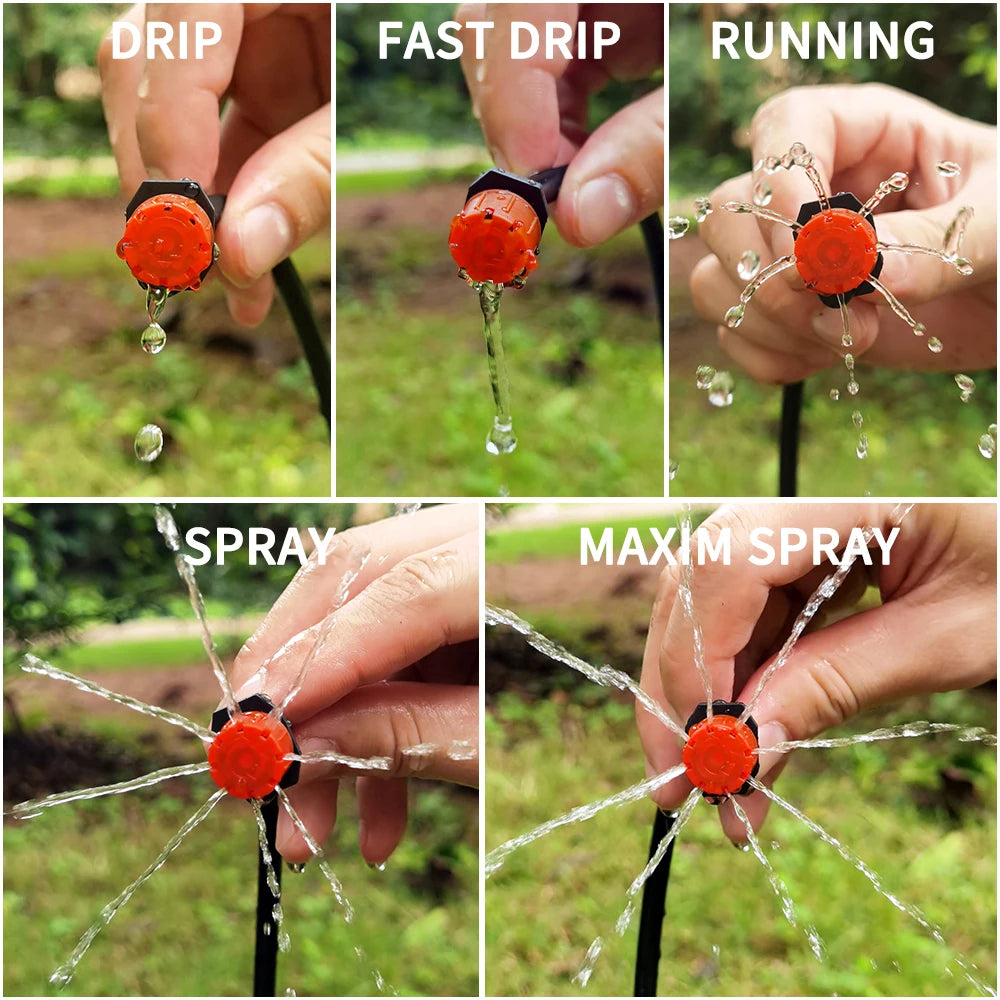 Red adjustable dripper showing water flow from drip droplets to wider spray fan.