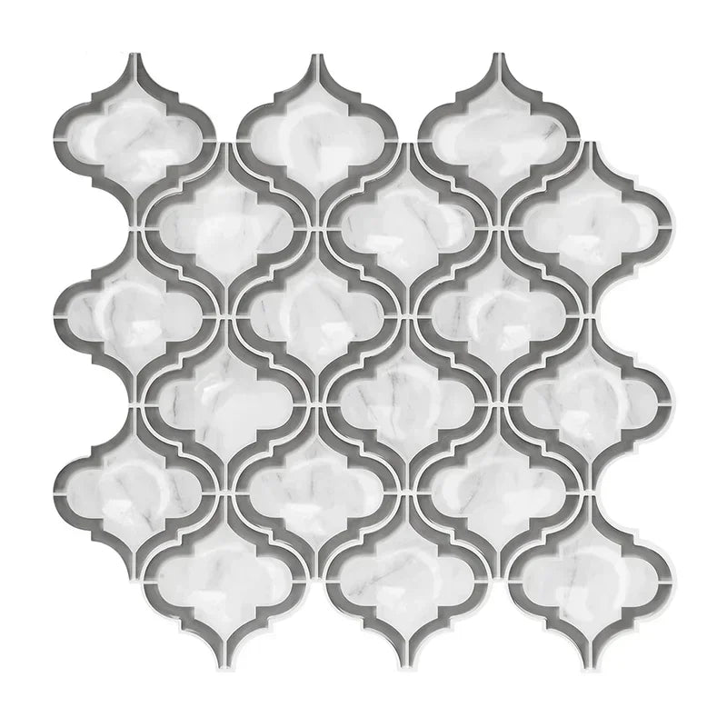 Charcoal and white self-adhesive mosaic vinyl wall tile stickers, quatrefoil pattern.