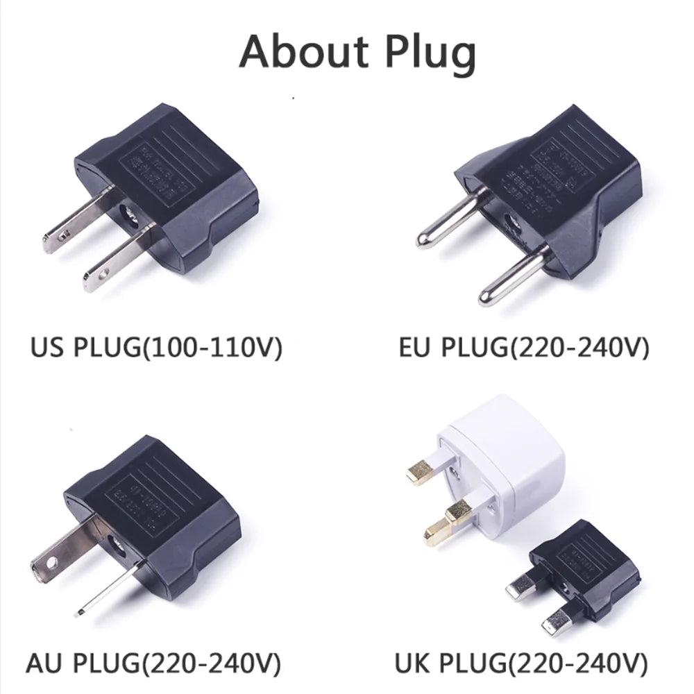 Four travel power adapters: US, EU, AU, and UK style plugs in black and white plastic for international electrical use.