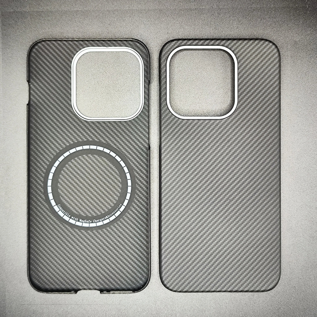 Two black carbon fiber-style phone cases with MagSafe magnetic rings and camera cutouts for smartphone protection.