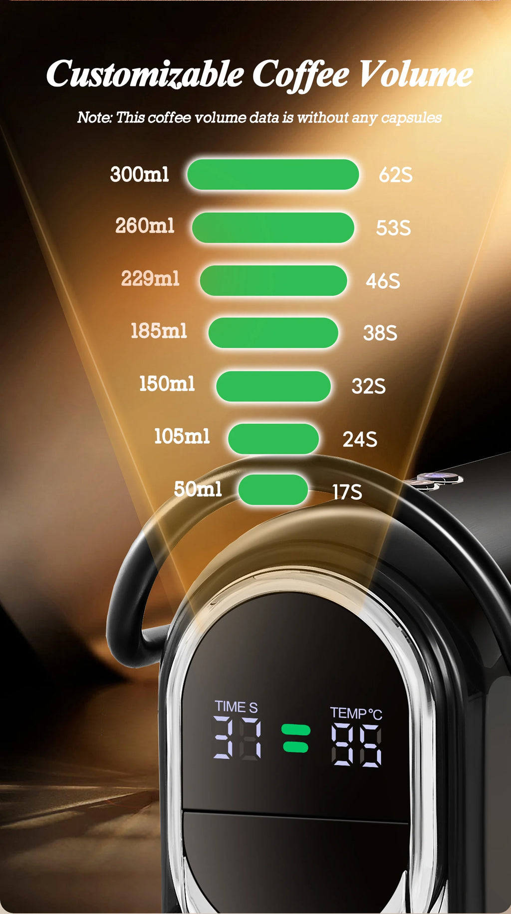 Black capsule coffee maker showing digital display and adjustable brewing volumes from 50ml to 300ml.
