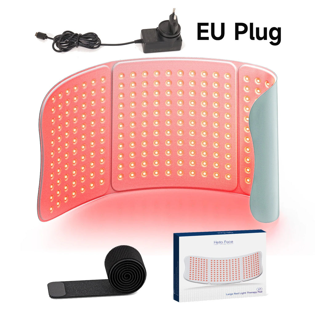 Large flexible red light therapy mat with glowing LEDs, EU power adapter, velcro strap, and product box.