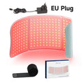 Large flexible red light therapy mat with glowing LEDs, EU power adapter, velcro strap, and product box.