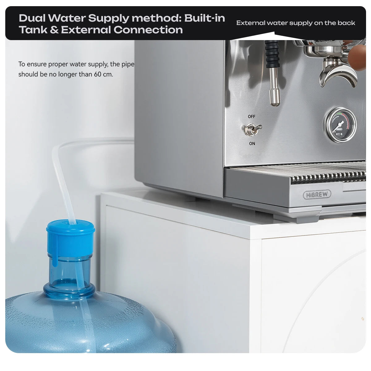 HiBREW stainless steel espresso machine with dual water supply connected to an external 5-gallon water bottle.