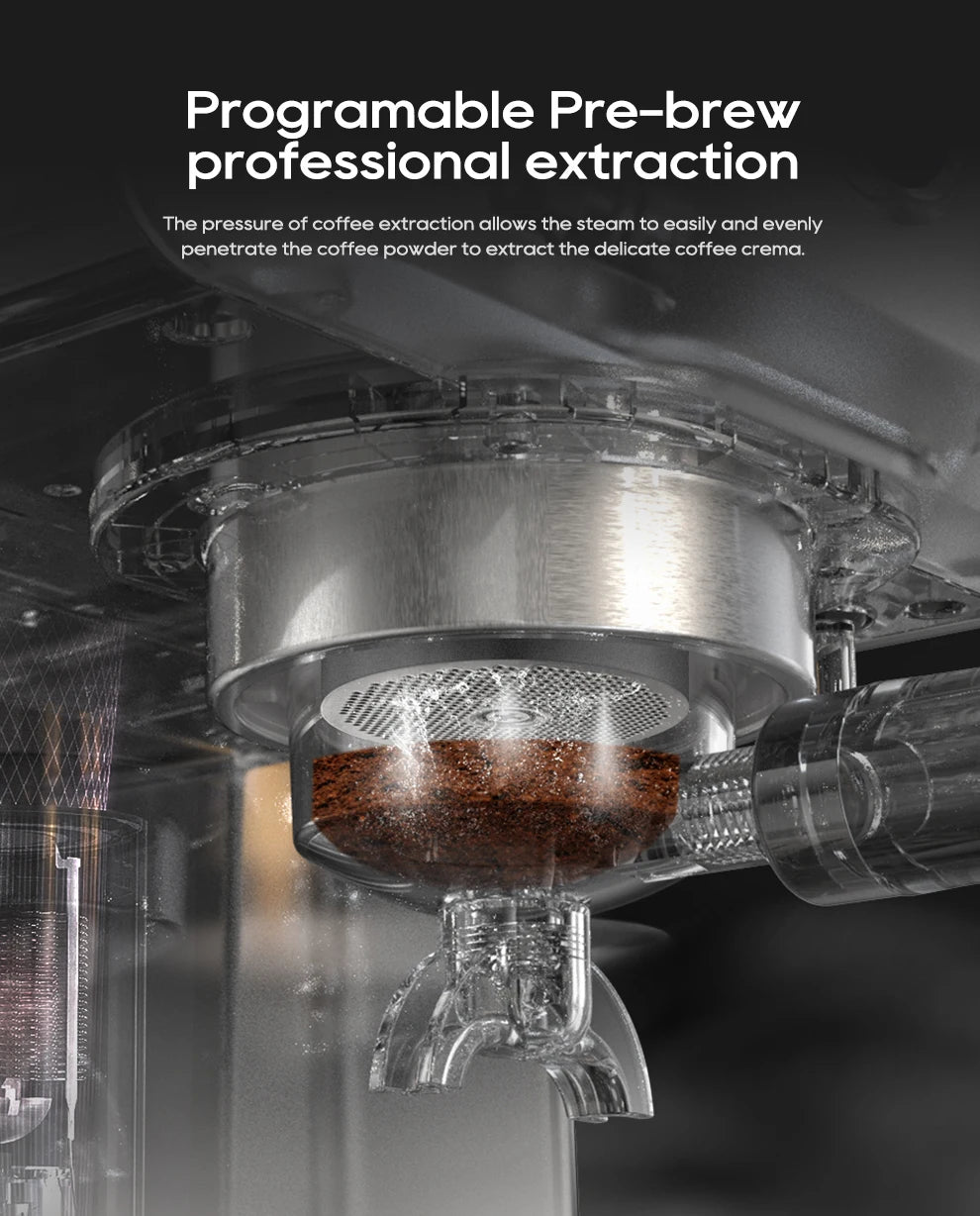 Close-up of stainless steel espresso machine portafilter extracting coffee grounds with pre-brew pressure technology.