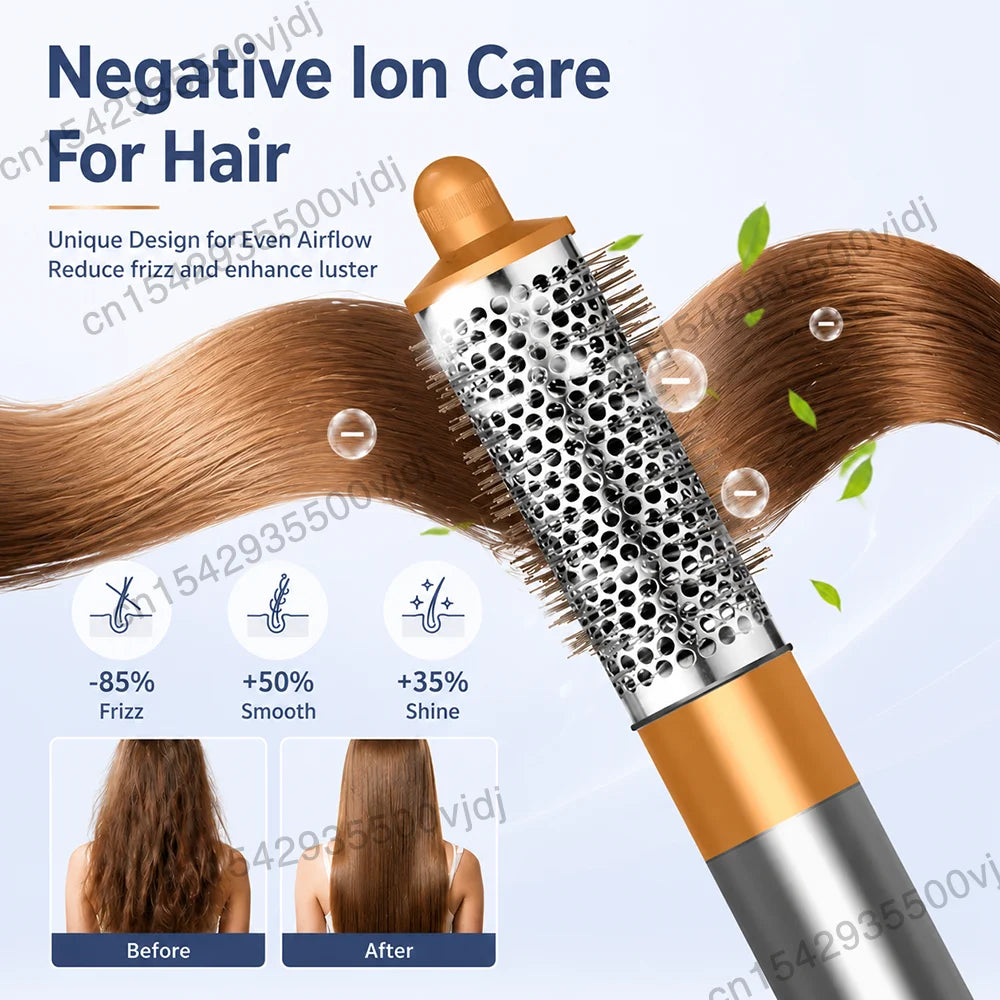 Gold and grey negative ion hair dryer brush attachment for smooth, frizz-free, shiny hair styling.
