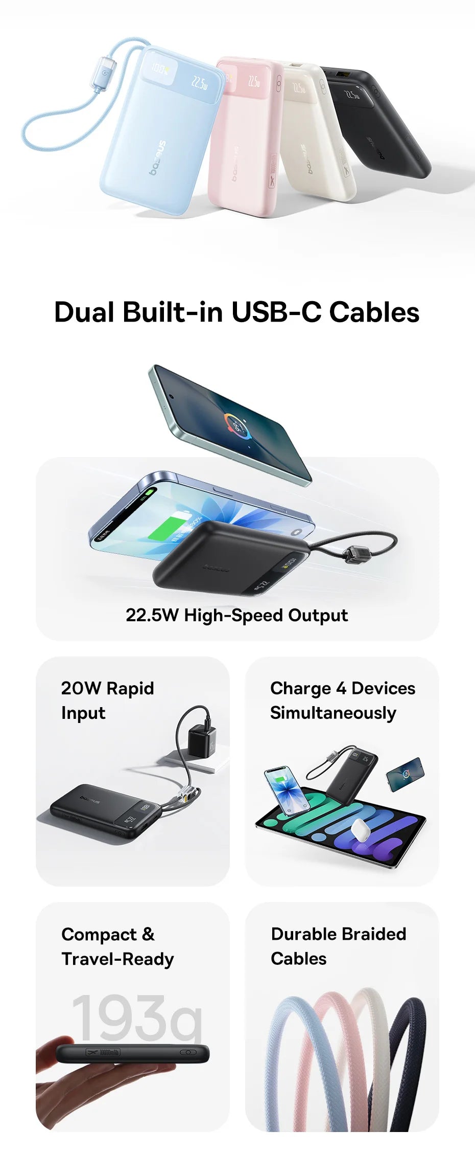 Portable Charger 10000mAh 22.5W Fast Charging Power Bank with Built-in Cables Tidesmit