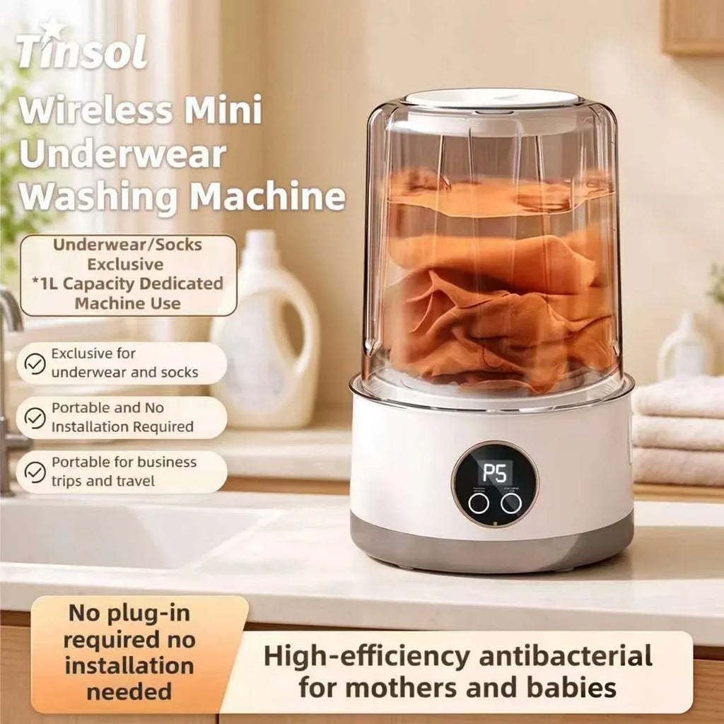 Tinsol wireless mini underwear washing machine with 1L capacity for portable travel and delicate laundry.
