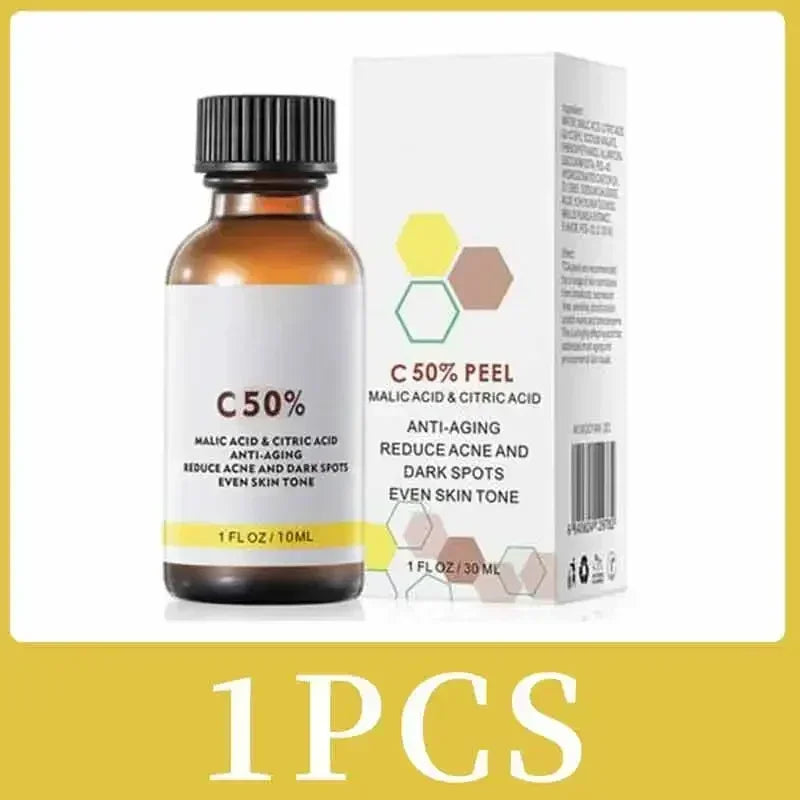 Acid peeling serum bottle with black cap and 50% C label, with boxed packaging.