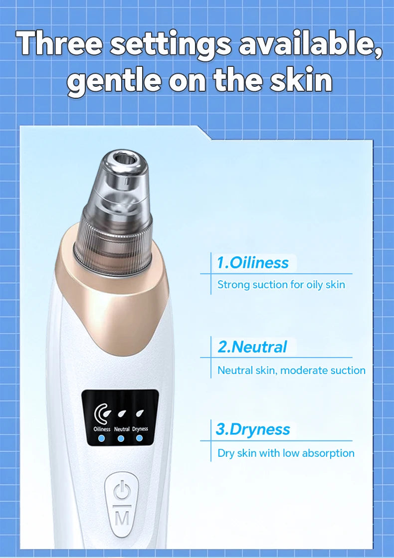 Electric blackhead remover vacuum with 3 suction settings for acne, pore cleaning, and facial skincare on a blue grid.