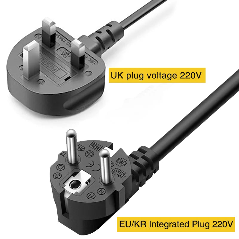 Black UK and EU/KR power plugs for 7-in-1 high-speed hair dryer, 220V voltage compatible hair care appliance cords.