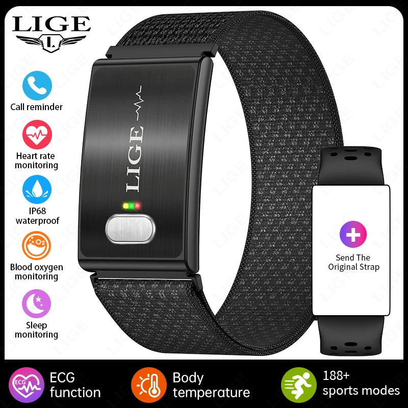 Black smart bracelet with feature icons and extra strap, call reminder and ECG shown