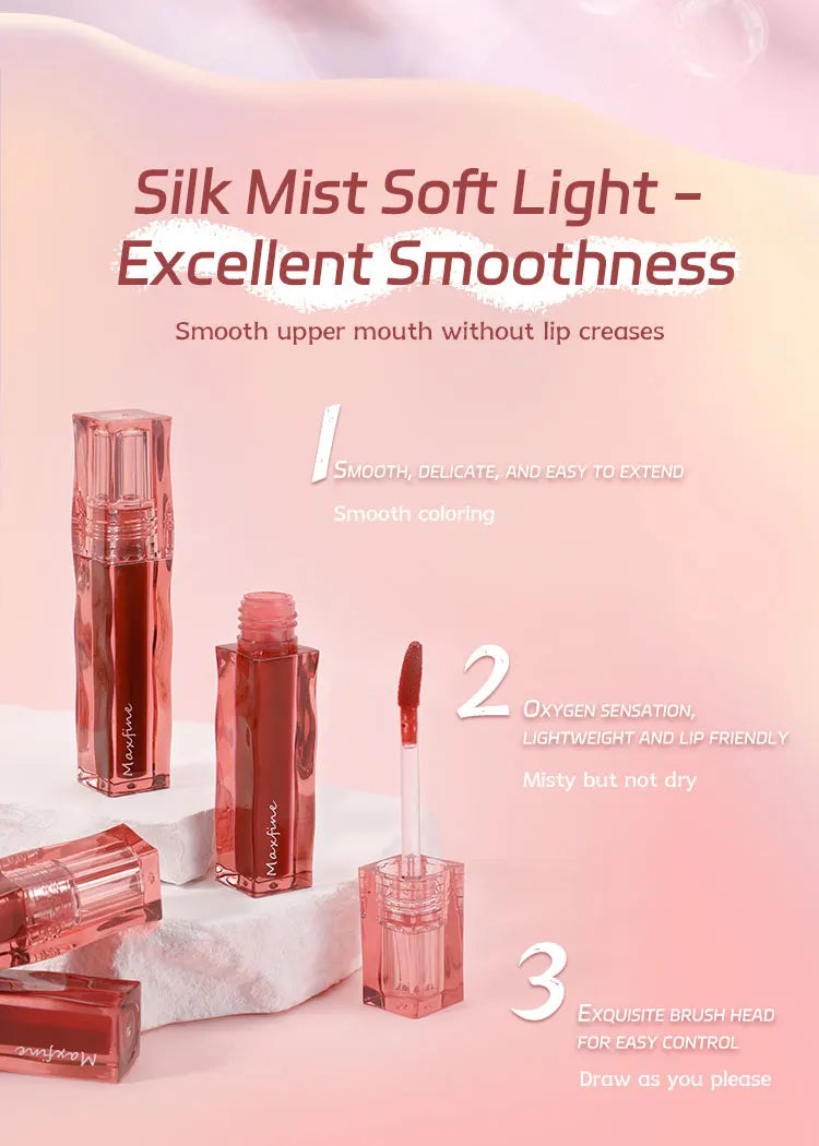 Moisturizing long-wear liquid lipstick with soft matte finish in a pink square bottle with precise applicator wand.