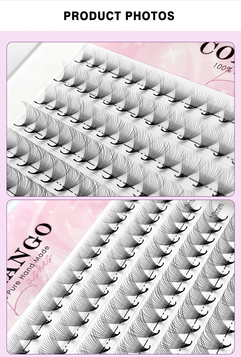 Black pre-made volume eyelash fan extensions on a tray for professional semi-permanent makeup application.