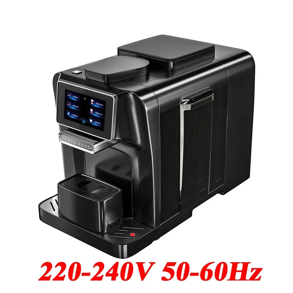 Black automatic espresso coffee machine with touchscreen display and side water tank for home or office use.